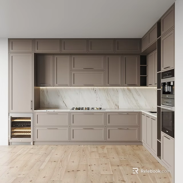 Modern Kitchen Interior With Gray Cabinets Marble Backsplash And Wooden Flooring 3d model 
