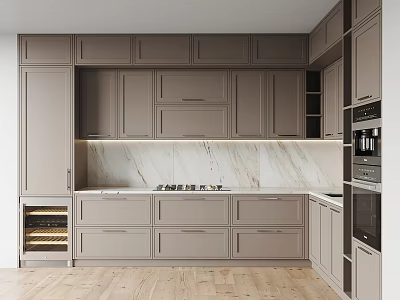 Modern Kitchen Interior With Gray Cabinets Marble Backsplash And Wooden Flooring 3d model