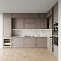 Modern Kitchen Interior With Gray Cabinets Marble Backsplash And Wooden Flooring