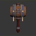 Decorative Wooden Hammer With Barrel Shaped Head Metal Accents And Rope Details