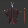 Mythical Woman With Horned Headdress In Dark Robe Holding Staff With Green Orb