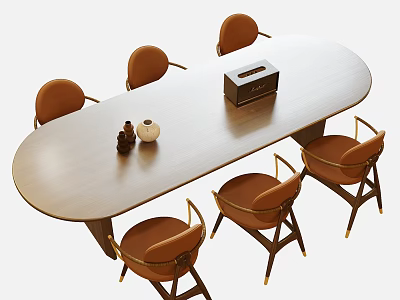 Oval Light Wood Dining Table With Six Orange Chairs And Decorative Items 3d model