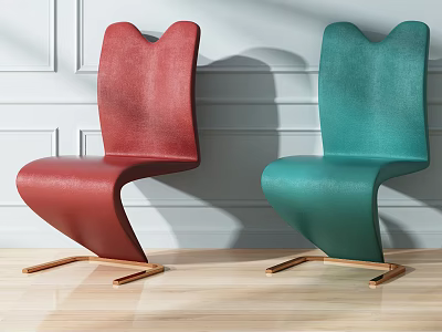 Modern Curved Single Chair with Red and Green Upholstery Brass Metal Base Wooden Floor 3d model
