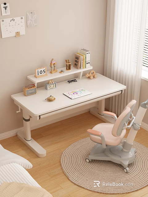Adjustable Height Kids Desk with Bookshelf Ergonomic Chair and Stationery for Children Study Space 3d model 
