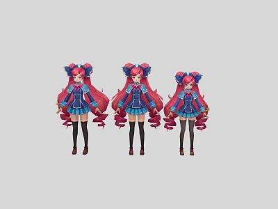 Anime Style Game Movie Character with Pink Long Hair Blue Dress Black Stockings Red Shoes 3d model