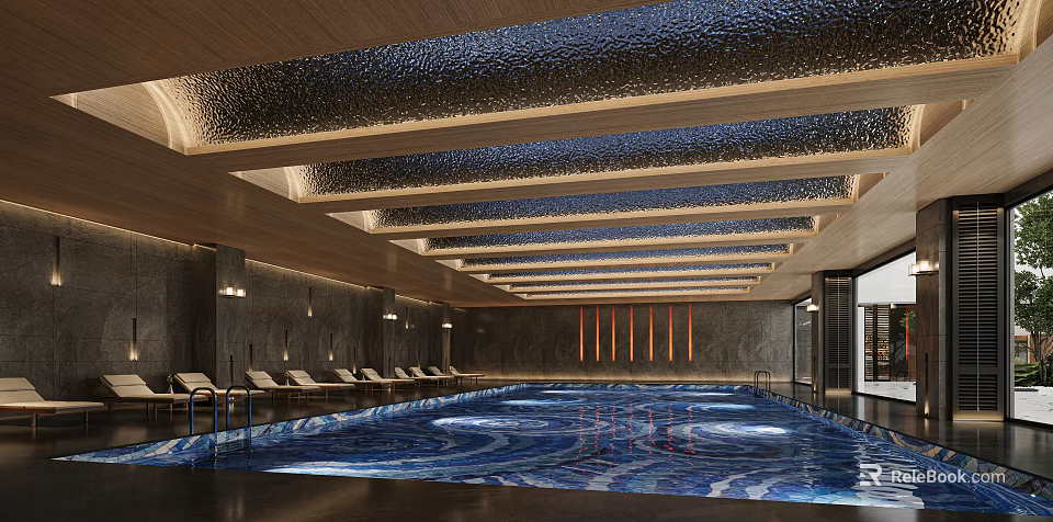 Indoor Swimming Pool with Blue Wave Patterned Water Wooden Glass Ceiling and Sun Loungers 3d model 