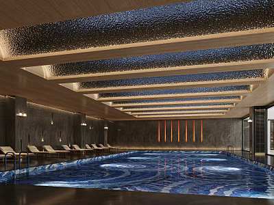Indoor Swimming Pool with Blue Wave Patterned Water Wooden Glass Ceiling and Sun Loungers 3d model