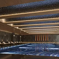Indoor Swimming Pool with Blue Wave Patterned Water Wooden Glass Ceiling and Sun Loungers