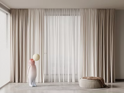 Elegant Beige Floor Length Curtains With Sheer Layers In Modern Living Room Window Space 3d model