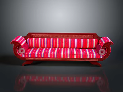 Traditional Red Sofa with Striped Cushions Wooden Armrests and Legs in Classic Design 3d model