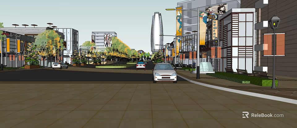 Lively Commercial Street with Modern Buildings Cars Trees and Colorful Billboards 3d model 