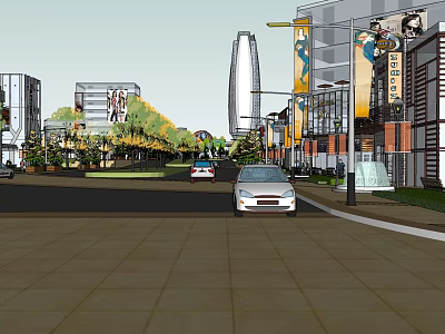 Lively Commercial Street with Modern Buildings Cars Trees and Colorful Billboards 3d model
