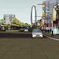 Lively Commercial Street with Modern Buildings Cars Trees and Colorful Billboards