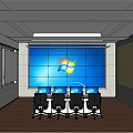 Modern Control Room Interior With Large Screen Windows Logo And Four Chairs 3d model