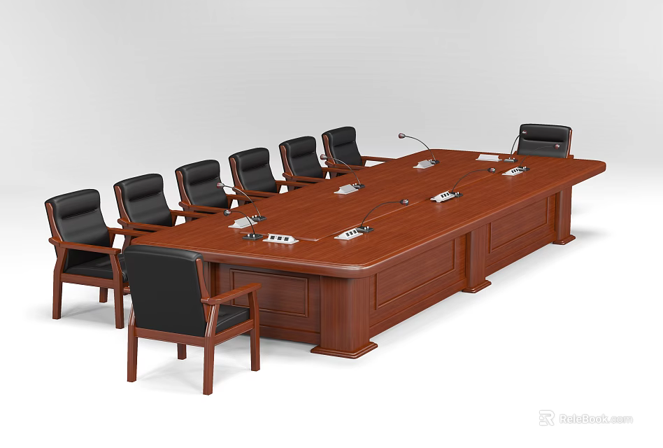 Wooden Conference Table With Black Leather Chairs And Microphones On Top 3d model 