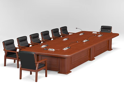 Wooden Conference Table With Black Leather Chairs And Microphones On Top 3d model