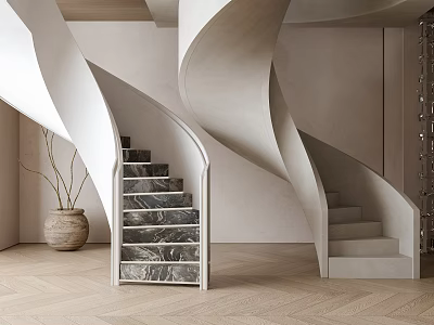 Spiral Staircase With Marble Steps And Herringbone Floor In Minimalist Interior 3d model
