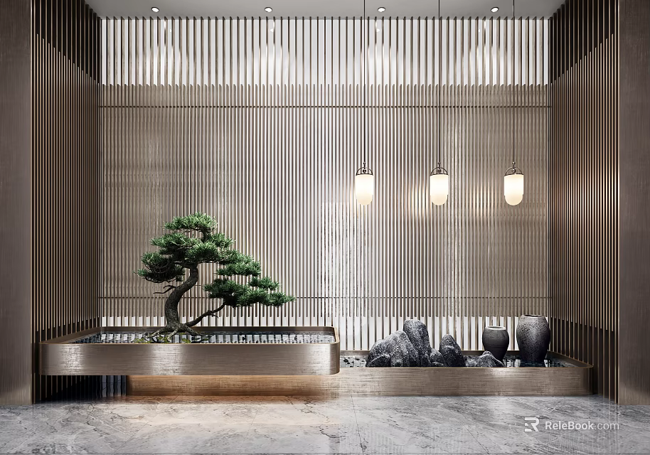 Elegant Zen Miniature Garden Feature With Bonsai Pine Rock Water And Wooden Decor 3d model 