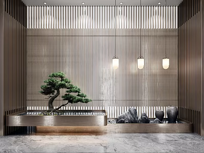 Elegant Zen Miniature Garden Feature With Bonsai Pine Rock Water And Wooden Decor 3d model