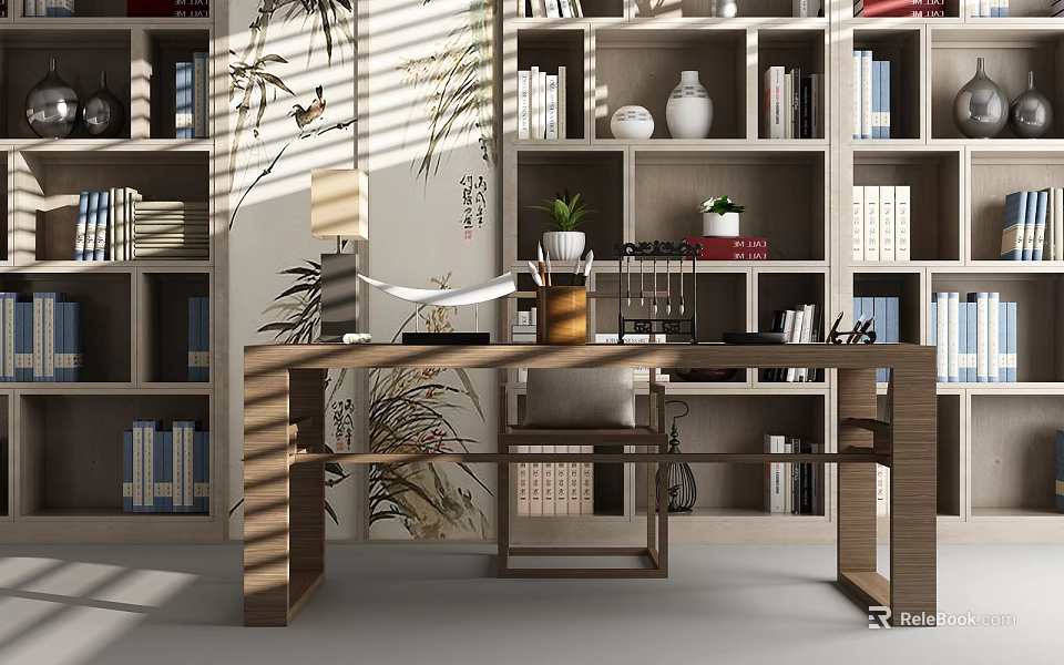 Wooden Desk With Bookshelves Books Vases And Bamboo Patterned Decorative Paintings Bathed In Sunlight 3d model 