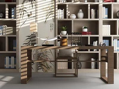Wooden Desk With Bookshelves Books Vases And Bamboo Patterned Decorative Paintings Bathed In Sunlight 3d model