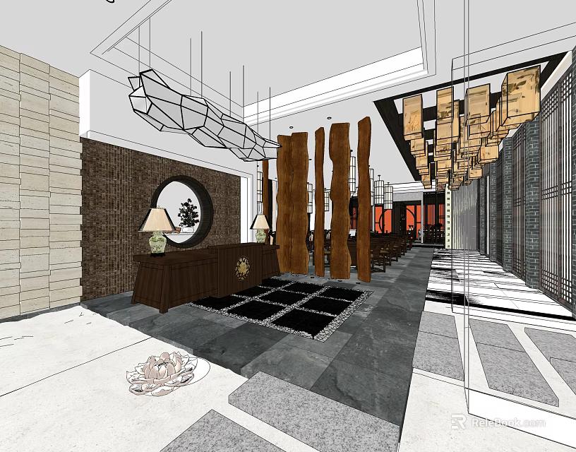 Stylish Hotel Lobby Interior Design With Reception Desk And Decorative Chandeliers 3d model 