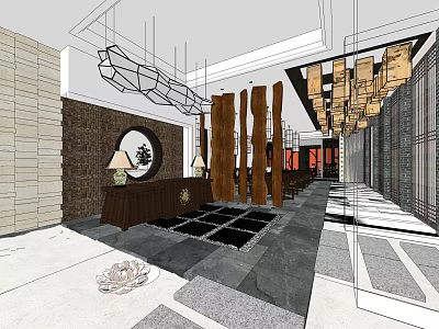 Stylish Hotel Lobby Interior Design With Reception Desk And Decorative Chandeliers 3d model