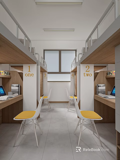 Modern Private Apartment With Numbered Units Desks Computers Yellow Chairs And Windows 3d model 