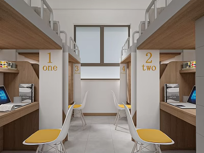 Modern Private Apartment With Numbered Units Desks Computers Yellow Chairs And Windows 3d model