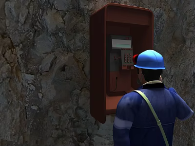 Man in Blue Hard Hat and Work Uniform Using Telephone Booth Next to Rocky Wall 3d model