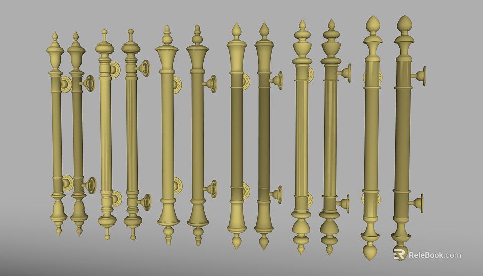 Decorative Golden Door Handles With Various Ornate Designs And Brass Finish 3d model 