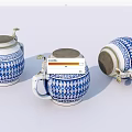 Traditional Blue And White Beer Mugs With Diamond Pattern Lids And Handles