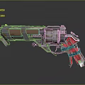Futuristic Mechanical Weapon with Metallic Body Red Blue Accents and Complex Gears Design