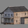 Old Weathered Two Story Wooden House With Shingled Roof Porch And Balcony