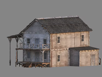 Old Weathered Two Story Wooden House With Shingled Roof Porch And Balcony 3d model