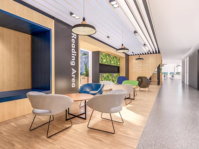 Modern Leisure Area Interior With Reading Nook Colorful Chairs And Green Plant Wall 3d model