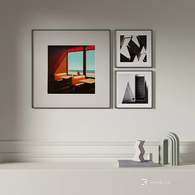 Abstract Paintings On White Wall Featuring Colorful And Geometric Design With Decor Objects 3d model