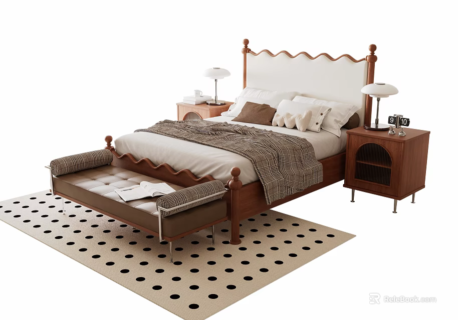 Double Bed with Scalloped Headboard Storage Bench Bedside Tables Lamps Black White Polka Dot Rug 3d model 