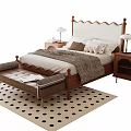 Double Bed with Scalloped Headboard Storage Bench Bedside Tables Lamps Black White Polka Dot Rug
