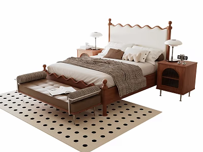 Double Bed with Scalloped Headboard Storage Bench Bedside Tables Lamps Black White Polka Dot Rug 3d model