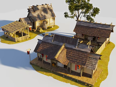 Traditional Japanese Architecture With Thatched Roofs Wooden Structures Lanterns And Courtyards 3d model