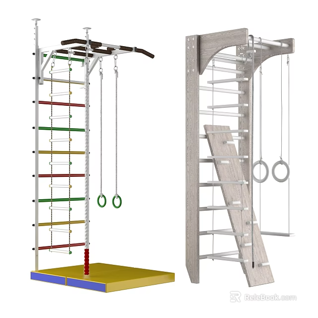 Sports Equipment Climbing Frame With Gym Rings Ladder And Safety Mat 3d model 