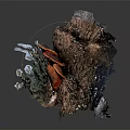 Artistic Vegetable Sculpture With Red Mushroom Green Plants And Textured Bark Surface