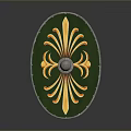 Oval Decorative Shield With Green Background Yellow Floral Pattern And Metal Center Ornament