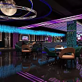 Modern Bar Featuring Neon Lighting Bar Counter Wine Cabinets High Stools Colorful Lights Decorative Paintings