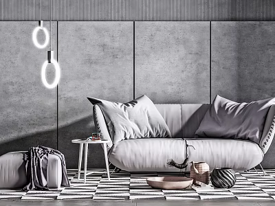 Modern Grey Sofa Set With Pillows Side Table Black White Checkered Rug 3d model
