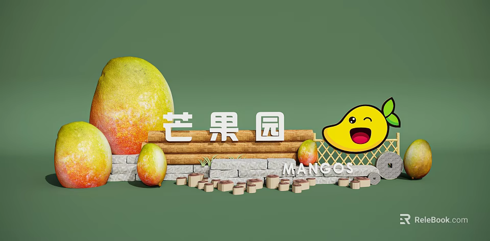 Vibrant Mango Orchard Display With Large Small Mangoes Wooden Sign And Cartoon Figure 3d model 