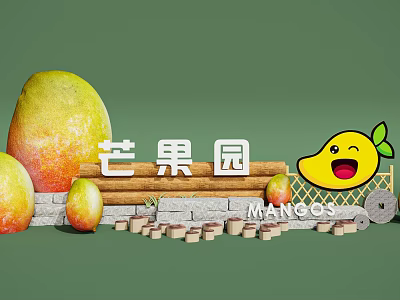 Vibrant Mango Orchard Display With Large Small Mangoes Wooden Sign And Cartoon Figure 3d model