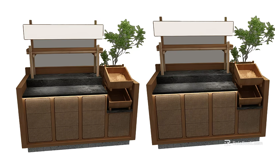 Wooden Food Kiosk Interior With Rattan Cabinet Doors Counter And Green Plants 3d model 