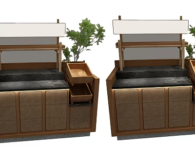 Wooden Food Kiosk Interior With Rattan Cabinet Doors Counter And Green Plants 3d model